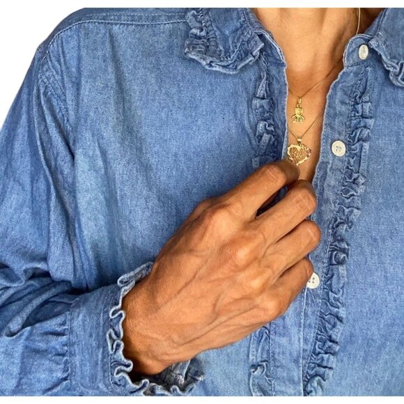 Gitano Vtg Denim Top w Ruffles Button Up Jean Shirt 80s 90s Sz L Office - Picture 2 of 11